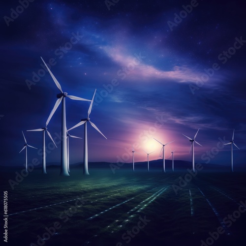 Many solar energy panels and wind turbines placed in green nature, night. Generative Ai. © annamaria