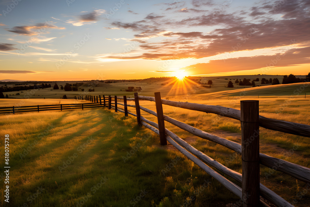 A rustic fence separates a lush field of green grass and tall trees. It's an inviting spot to take in the beauty of nature and the peace of the countryside. A rustic fence separates a lush field of green grass and tall trees. It's an inviting spot to take in the beauty of nature and the peace of the countryside.