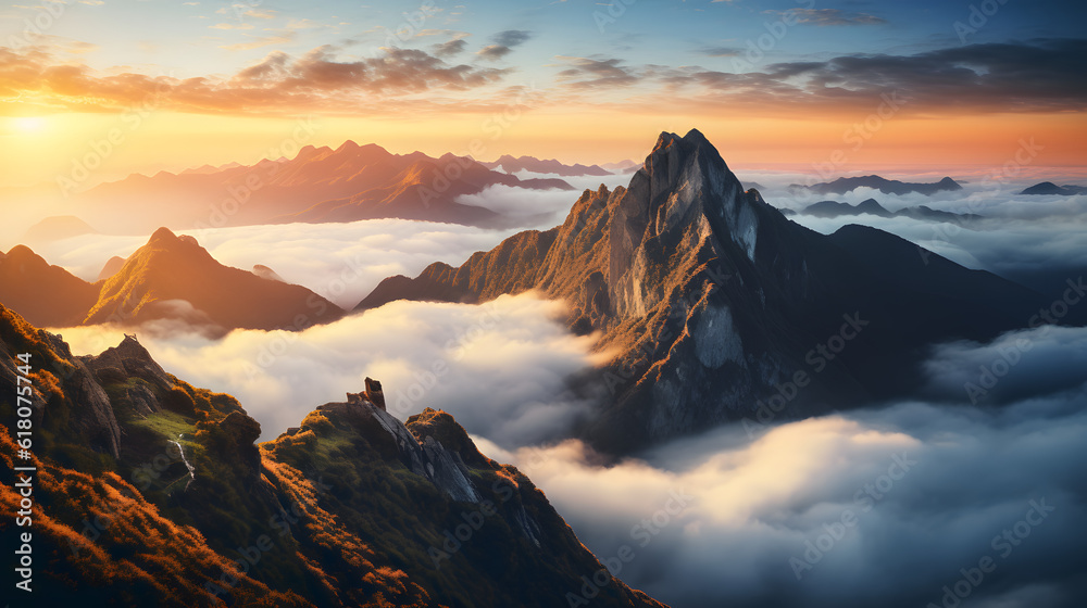 A beautiful sunset illuminates the majestic mountain range, with clouds slowly rolling in. A breathtaking view that will take your breath away.
