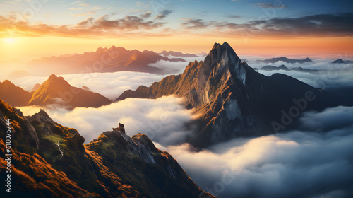 A beautiful sunset illuminates the majestic mountain range, with clouds slowly rolling in. A breathtaking view that will take your breath away. © Pierre