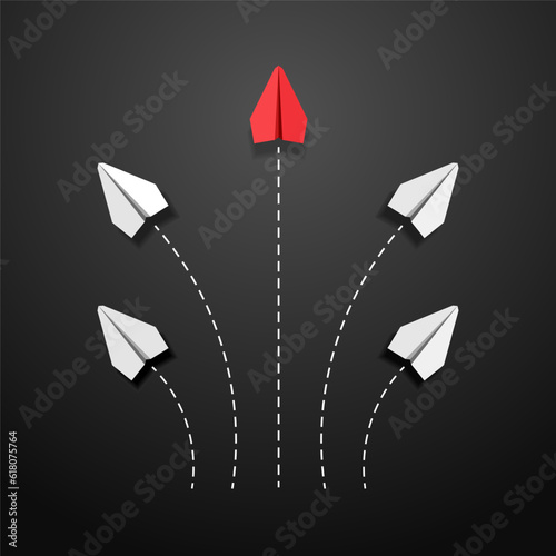 The concept of individuality. An individual and unique red paper plane leader is flying up. Vector illustration