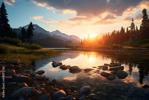 A peaceful river flows through a scenic landscape of rocks and trees, creating a tranquil atmosphere. Enjoy the beauty of nature with this calming view.