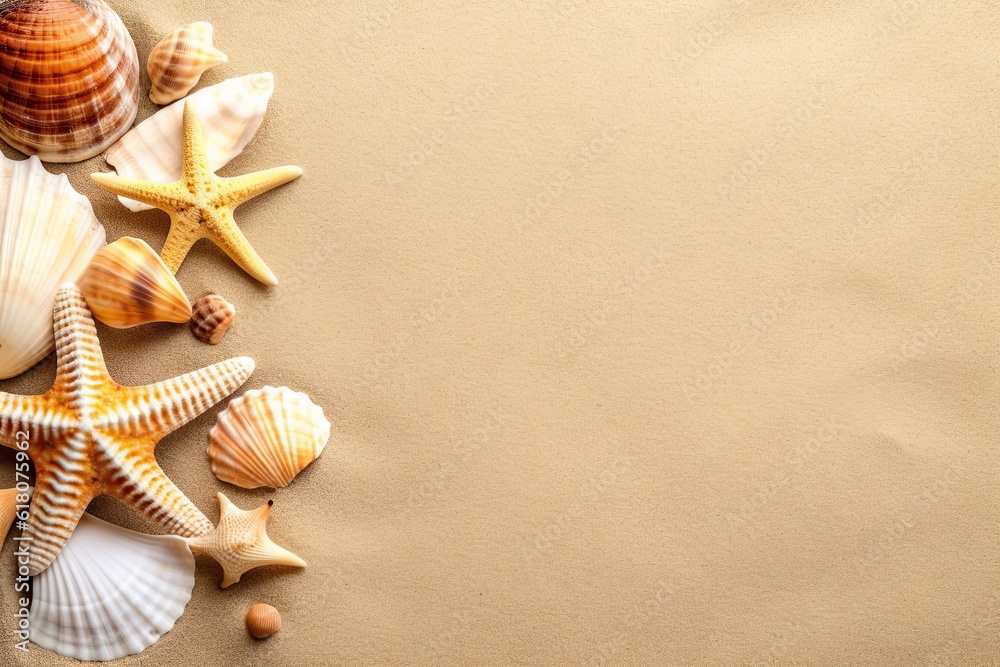 Beachside Wonder. Top view Starfish and Seashells on Beach Background Beachside Wonder. Top view Starfish and Seashells on Beach Background