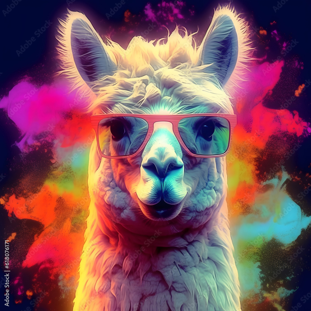 Sunglasses-Wearing Llama/Alpaca Steals the Show on a Vibrant and Abstract AI-Generated Background