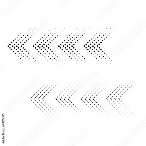 Dotted arrow icon set. Gradient dot vector isolated elements. Arrows halftone effect on white background. Vector illustration.
