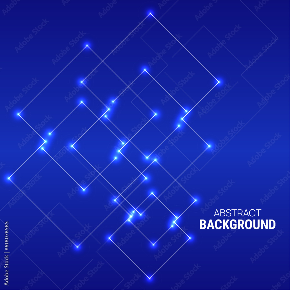Vector abstract background with overlapping square and glowing dots. High tech design. Node molecule structure. Science and connection concept.