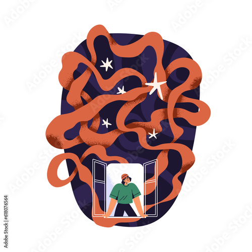 Fantasy, miracle, dream concept. Creative person exploring, discovering, opening, imagining and watching new world, life experience. Flat graphic vector illustration isolated on white background