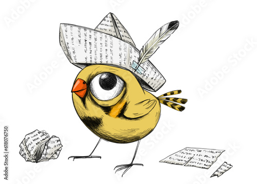 Bleistift Zeichnung von einem niedlichen gelben Vogel, der einen gebastelten Hut aus Zeitung mit einer Feder als Kopfbedeckung trägt