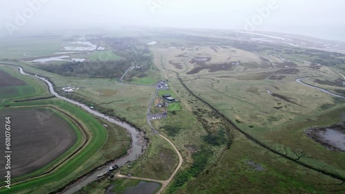 Aerial footage of boats moored inland at Gibraltar Point near Skegness