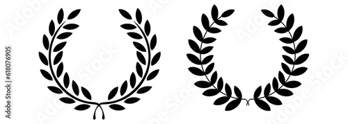 Set black silhouette of round laurel foliage depicting award, achievement, heraldry, nobility on a white background. Floral greek branch emblem flat style - stock vector.