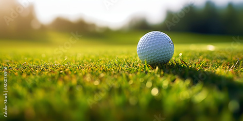 Close-up of golf ball on green grass of golf course, sunny day, blurred backdrop. Generative AI