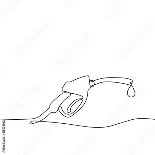 Gasoline pump nozzle sign hand drawn with single one continuous line. Fuel pump petrol station. Vector refuel service illustration.