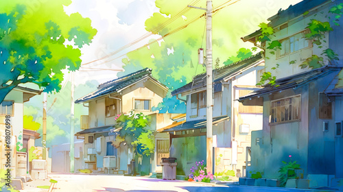 ノスタルジックな日本の田舎の風景の水彩イラスト　Generative AI