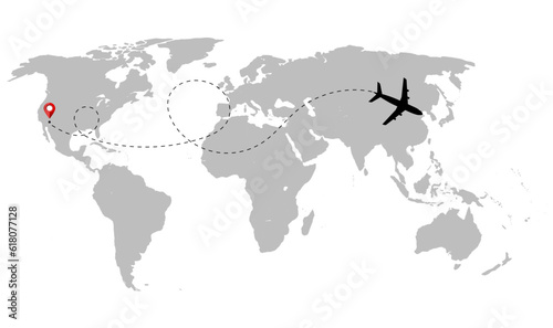 Airplane paths vector on the world map. Aircraft tracking, aircraft silhouettes, location pins. Route flight line illustration