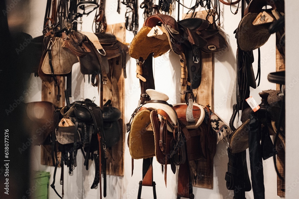 Wall featuring horse saddles mounted on the wall.