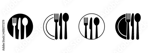 Set of fork, knife, spoon. Logotype menu. Set in flat style. Silhouette of cutlery. Vector illustration 