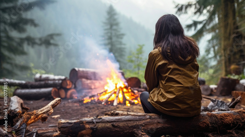 A Young Woman in Hiking Gear Sitting in Front of a Campfire in The Woods