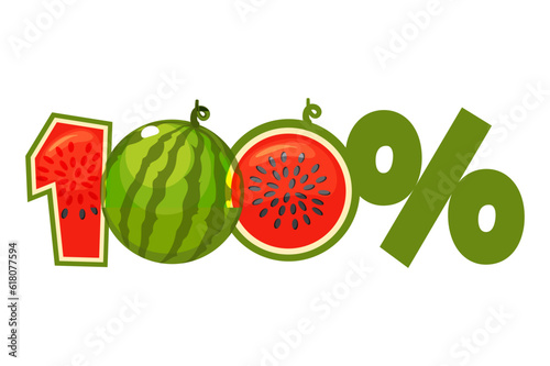 Watermelon texture text 100 percent. Icon with 2D game or banner.