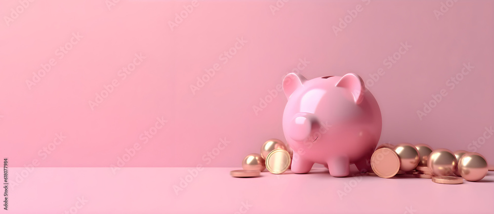 Pink piggy bank with gold coins, banner, Generative AI Pink piggy bank with gold coins, banner, Generative AI
