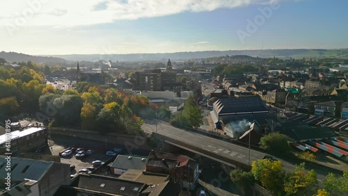 Aerial cinematic drone footage of the market town of Dewsbury, West Yorkshire.