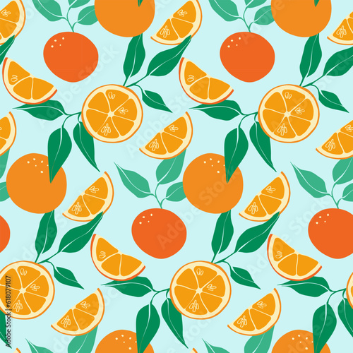 Seamless pattern with bright oranges and leaves. Slices of orange, mandarin and clementine. Citrus pattern on a blue background. Vector illustration in a flat style.