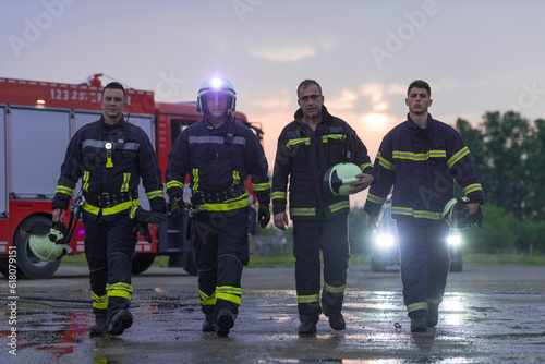 Brave Firefighters Team Walking to the Camera. In Background Paramedics and Firemen Rescue Team Fight Fire in Car Accident, Insurance and Save Peoples Lives concept.