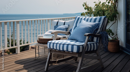 Outdoor Summer Terrace Or Balcony With Wicker Furniture In Vintage Style. Mediterranian Sea View. © PaulShlykov