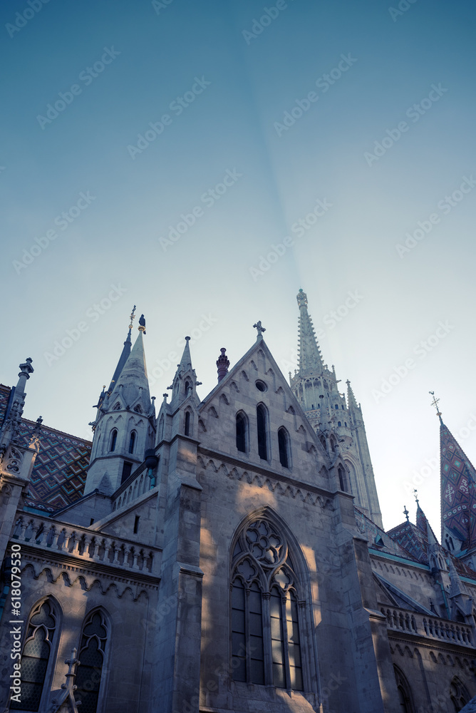 Matthias Church casting shadow on foggy air Matthias Church casting shadow on foggy air