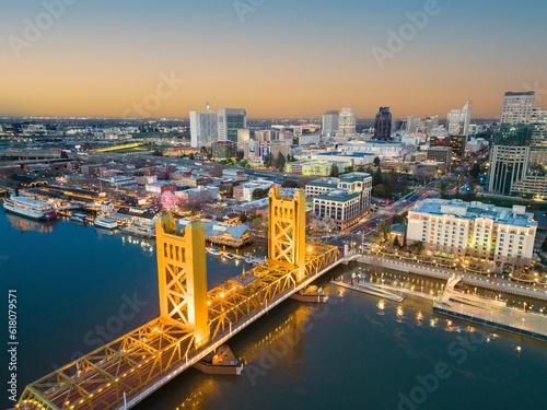 Aerial shot of the Tower Bridge spanning across the Sacramento River in California. photo