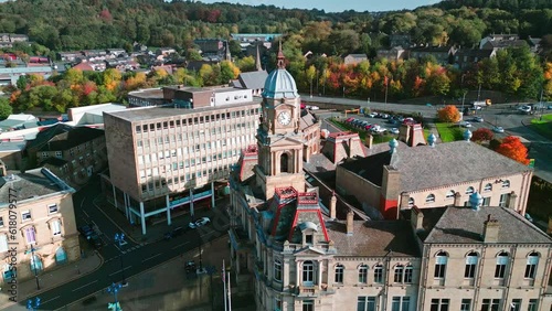 Aerial cinematic drone footage of the market town of Dewsbury, West Yorkshire.