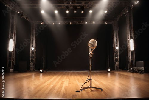 vintage retro stand microphone on empty stage with stage lights in background, generative AI