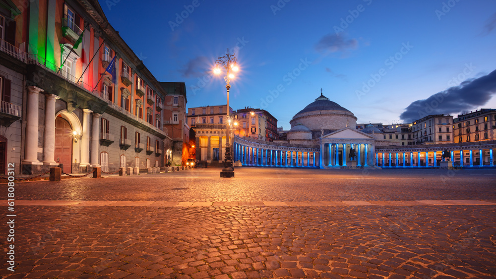 Naples, Italy. Cityscape image of Naples, Italy with the view of large public town square Piazza del Plebiscito at night.