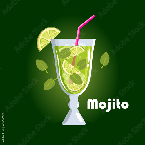 Glass of mojito cocktail with mint, lime and straw and handwriting Mojito. Vector illustration  on green background