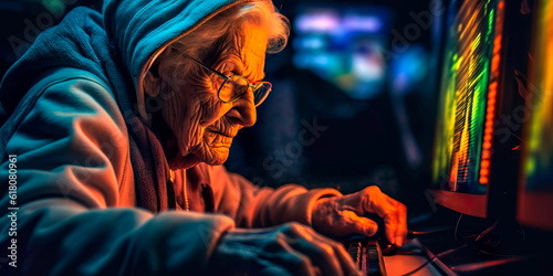 old woman using a computer to communicate with her distant relatives and friends.