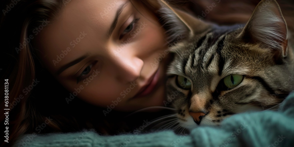 cat and their human companion, as they cuddle together and share a moment of pure affection and connection on International Cat Day. Generative AI