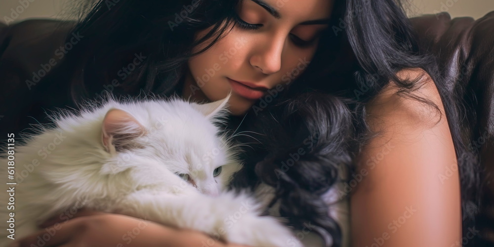 cat and their human companion, as they cuddle together and share a moment of pure affection and connection on International Cat Day. Generative AI cat and their human companion, as they cuddle together and share a moment of pure affection and connection on International Cat Day. Generative AI