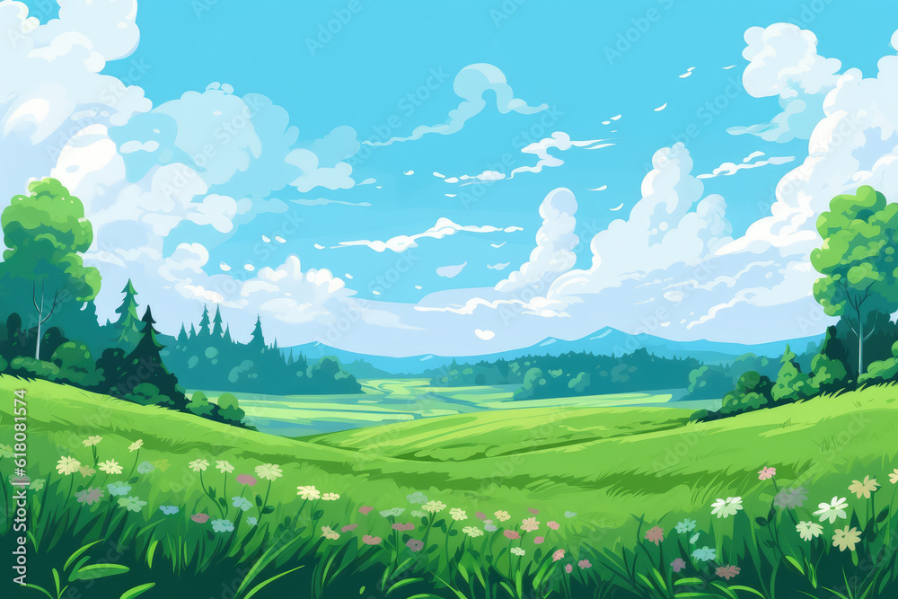 green meadow summer field blue sky illustration Generative AI green meadow summer field blue sky illustration Generative AI