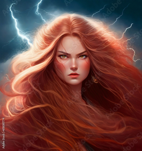 Portrait of a woman with red long hair, lightning in the background.