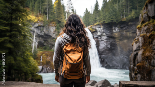 A Young Woman in Hiking Gear Looking at A Waterfall in Forest