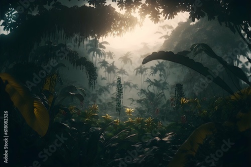 a cinematic wellcomposed layered filmic shot of a tropical jungle in the middle of nowhere Beautiful flowers through the trees in the distance a mysterious light through the trees in the 