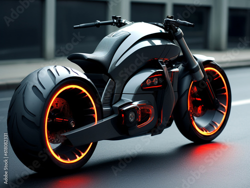 3D illustration of a future motorcycle equipped with the latest features. Aerodynamic sports style.
 photo