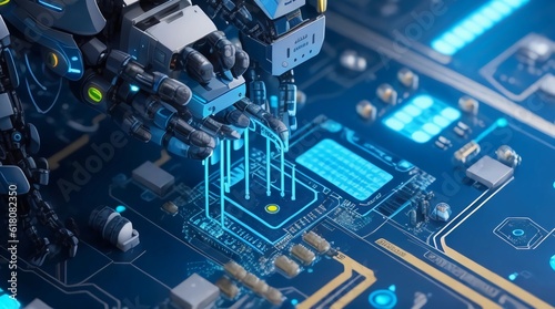 futuristic artificial intelligence technology a robot manipulating a complex circuit board. Generative AI