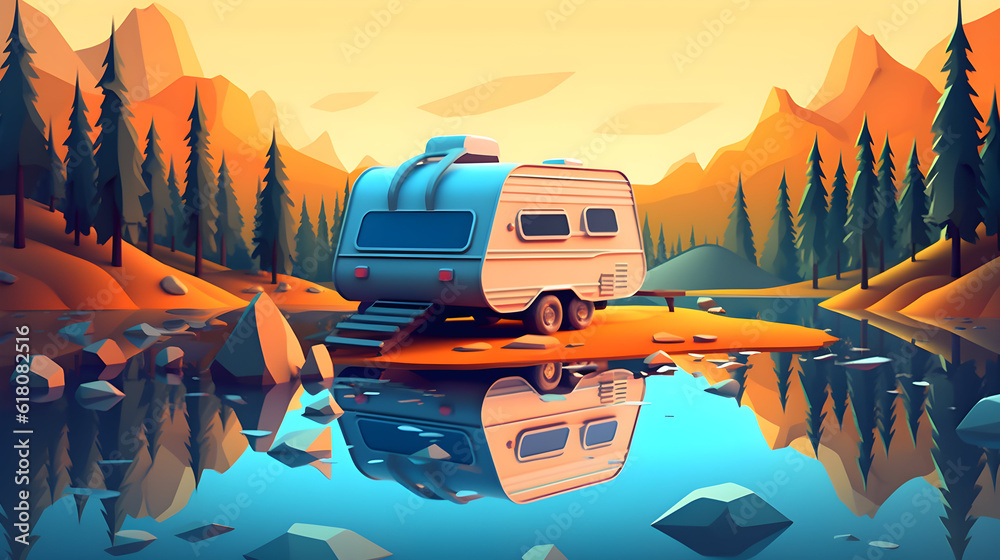 recreation vehicle parks near a river 3D illustration, Transportation, road trip, camping, Generative AI