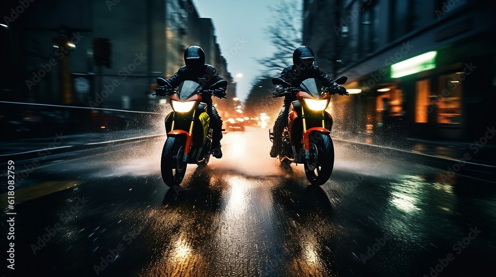 AI generated illustration of two people in rain gear riding motorcycles side by side down a wet road