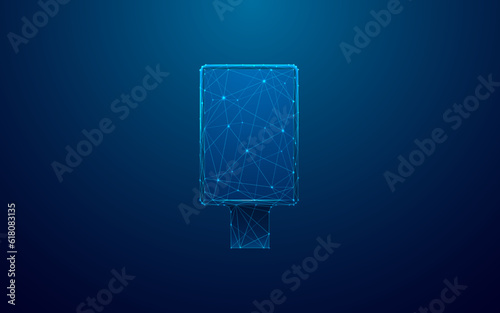 Abstract Street Poster Billboard with Empty Screen on Dark Blue Technology Background. Digital Advertising Board in Low Poly Wireframe Style. 