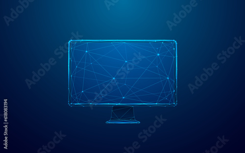 Abstract Digital PC Monitor in Low Poly Wireframe Style. Empty Screen of the Computer in Connected Glowing Dots, Lines, and Geometric Shapes. Polygonal 3D Vector Illustration on Dark Blue Background.