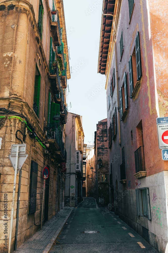 Peaceful neighborhood in Mallorca, Spain with tall buildings