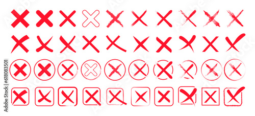 Red cross collection. Set of red brush cross shapes. Rejected, cancel, wrong cross symbol collection