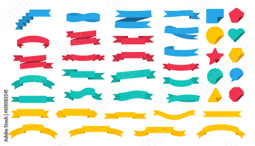 Ribbon banner collection. Set of multicolored ribbon, sticker, banner, badge for promotion