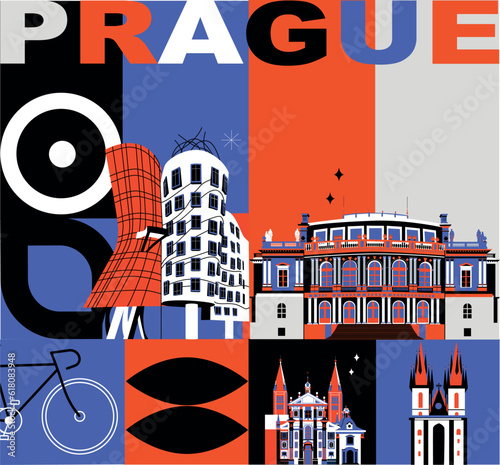 Prague culture travel set, European famous architectures, Czech in flat design. Business travel and tourism concept clipart. Image for presentation, banner, website, advert, flyer, roadmap, icons
